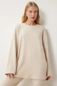 Happiness İstanbul Women's Cream Comfortable Corduroy Knitted Blouse Trousers Set - Image 4