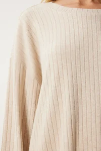 Happiness İstanbul Women's Cream Comfortable Corduroy Knitted Blouse Trousers Set - Image 5