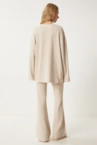 Happiness İstanbul Women's Cream Comfortable Corduroy Knitted Blouse Trousers Set - Image 8
