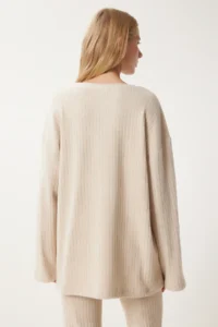 Happiness İstanbul Women's Cream Comfortable Corduroy Knitted Blouse Trousers Set - Image 9