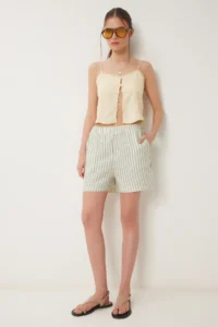 Happiness İstanbul Women Cream Green Striped with pocket Muslin Shorts