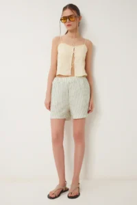 Happiness İstanbul Women Cream Green Striped with pocket Muslin Shorts - Image 2