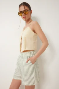 Happiness İstanbul Women Cream Green Striped with pocket Muslin Shorts - Image 3