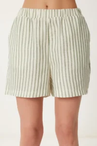 Happiness İstanbul Women Cream Green Striped with pocket Muslin Shorts - Image 4