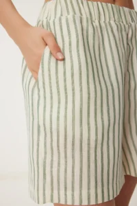 Happiness İstanbul Women Cream Green Striped with pocket Muslin Shorts - Image 5
