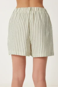 Happiness İstanbul Women Cream Green Striped with pocket Muslin Shorts - Image 6