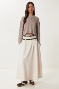 Happiness İstanbul Women Cream Double Arched flared Weaving Skirt