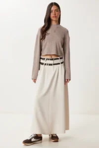 Happiness İstanbul Women Cream Double Arched flared Weaving Skirt - Image 2