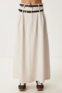 Happiness İstanbul Women Cream Double Arched flared Weaving Skirt - Image 3