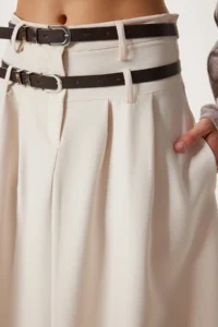 Happiness İstanbul Women Cream Double Arched flared Weaving Skirt - Image 4