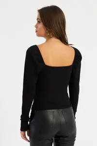 Cool & Sexy Women Black Balloon Sleeve Blouse - Image 5