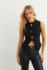 Cool & Sexy Women Black Button Detailed Blouse - Image 3