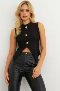 Cool & Sexy Women Black Button Detailed Blouse - Image 5