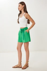 Happiness İstanbul Women's Dark Green Tie Detailed Mini Woven Shorts - Image 2