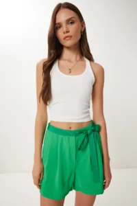 Happiness İstanbul Women's Dark Green Tie Detailed Mini Woven Shorts - Image 4