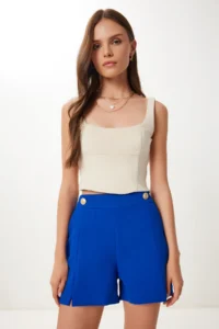 Happiness İstanbul Women's Dark Blue Gold Buttoned Slit Mini Woven Shorts