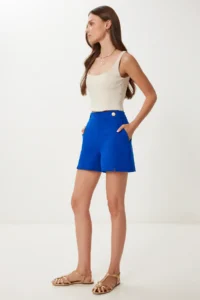 Happiness İstanbul Women's Dark Blue Gold Buttoned Slit Mini Woven Shorts - Image 2