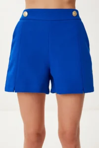 Happiness İstanbul Women's Dark Blue Gold Buttoned Slit Mini Woven Shorts - Image 3