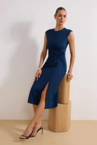 TRENDYOLMİLLA Petrol Blue Blue Blue Binding Detailed Midi Weaving Dress