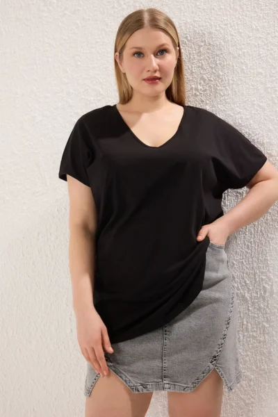 Trendyol Curve Black V-neck LONG Size Plus Size T-Shirt