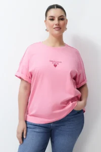 Trendyol Curve Pink Printed Oversized 100% Cotton Knitting T-Shirt - Image 2
