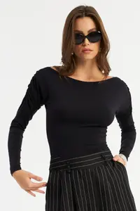Cool & Sexy Women Black Shirred Blouse - Image 2