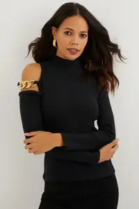 Cool & Sexy Women's Black Open Shoulders Chain Knitwear Blouse - Image 2
