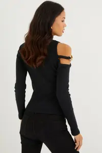 Cool & Sexy Women's Black Open Shoulders Chain Knitwear Blouse - Image 5