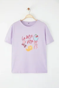 Trendyol Curve Lilac Cocktail Printed Fit Plus Size T-Shirt - Image 5