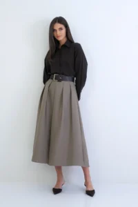 Trend Alaçatı Stili Women's Khaki Thick Belted Zipper Slit Detailed Pleated Midi Length Taffeta Skirt Alc-X15258