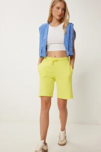 Happiness İstanbul Women Yellow with pocket Cotton Knitting Shorts - Image 2