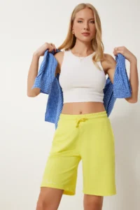 Happiness İstanbul Women Yellow with pocket Cotton Knitting Shorts - Image 3