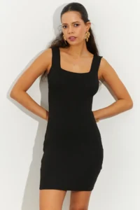 Cool & Sexy Women Black Square Neck Knitwear Mini Dress