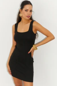 Cool & Sexy Women Black Square Neck Knitwear Mini Dress - Image 2