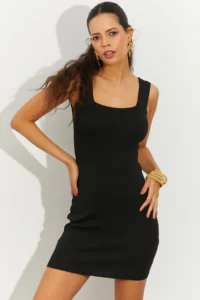 Cool & Sexy Women Black Square Neck Knitwear Mini Dress - Image 4