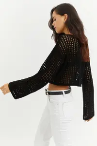 Cool & Sexy Women's Black Spanish Sleeve Openwork Knitwear Short Blouse - Image 2