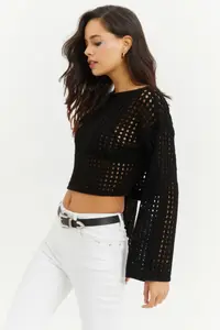 Cool & Sexy Women's Black Spanish Sleeve Openwork Knitwear Short Blouse - Image 3