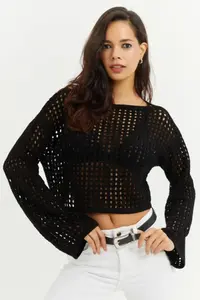 Cool & Sexy Women's Black Spanish Sleeve Openwork Knitwear Short Blouse - Image 4