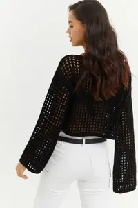 Cool & Sexy Women's Black Spanish Sleeve Openwork Knitwear Short Blouse - Image 5