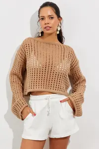 Cool & Sexy Women's Camel Spanish Sleeve Openwork Knitwear Short Blouse - Image 2