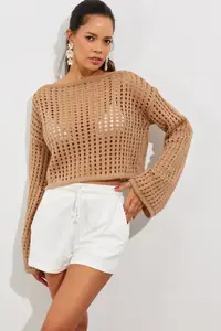Cool & Sexy Women's Camel Spanish Sleeve Openwork Knitwear Short Blouse - Image 3