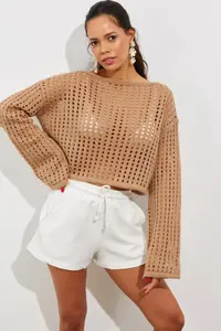 Cool & Sexy Women's Camel Spanish Sleeve Openwork Knitwear Short Blouse - Image 5