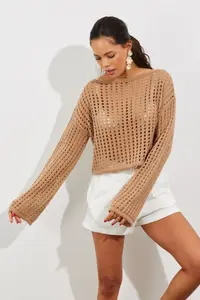 Cool & Sexy Women's Camel Spanish Sleeve Openwork Knitwear Short Blouse - Image 6
