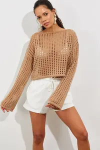 Cool & Sexy Women's Camel Spanish Sleeve Openwork Knitwear Short Blouse - Image 7