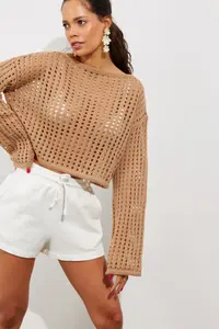 Cool & Sexy Women's Camel Spanish Sleeve Openwork Knitwear Short Blouse - Image 8