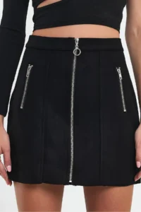 Ceylen Double Zipper Detail Suede Skirt - Image 4