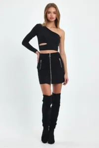 Ceylen Double Zipper Detail Suede Skirt - Image 6