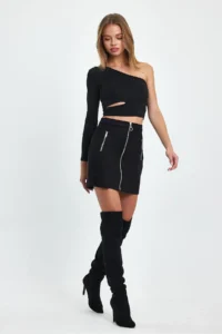 Ceylen Double Zipper Detail Suede Skirt - Image 7