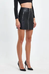 Ceylen Double Zipper Detail Leather Skirt - Image 2
