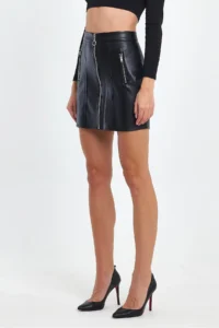 Ceylen Double Zipper Detail Leather Skirt - Image 3